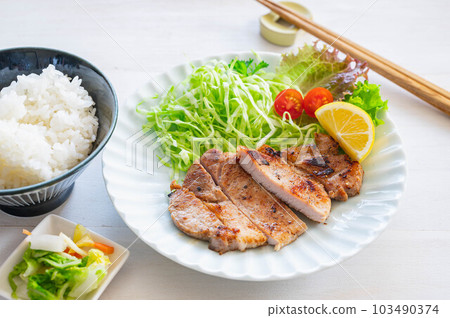 晚餐吃豬肉牛排和米飯 晚餐吃豬肉牛排和米飯 103490374