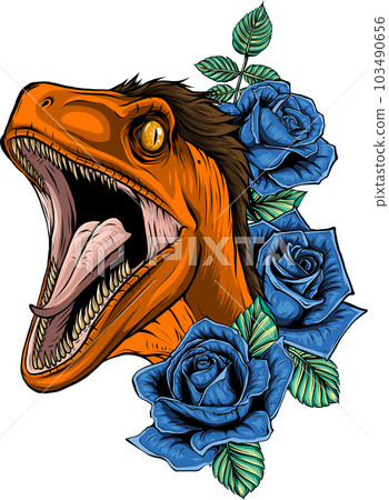 vector illustration of velociraptor head with roses flower 103490656
