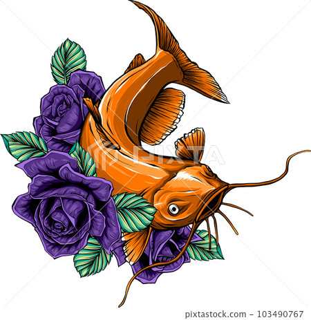 Vector illustration of a big freshwater catfish with flower 103490767
