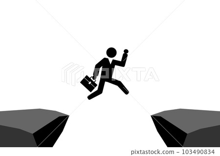 Challenge, challenge. Businessman jumping over a cliff. 103490834