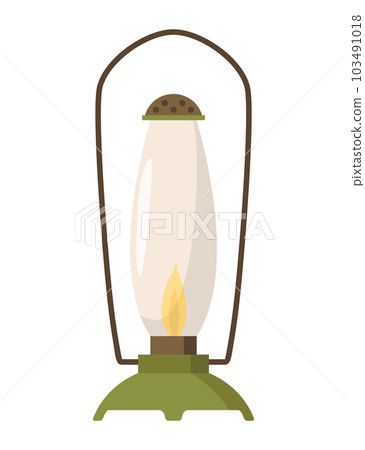 Vintage camping lantern or oil lamp. Handle gas lamps for tourist hiking. Flame glow camp fuel burn isolated on white background 103491018