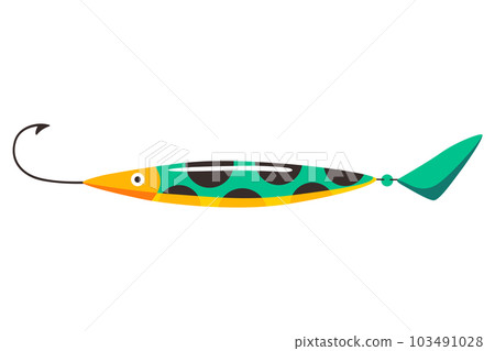 Fishing bait icon. Fish lure with hook isolated on white background. Contemporary fishery lure or wobbler. Fisher accessory. Vector fisherman equipment 103491028