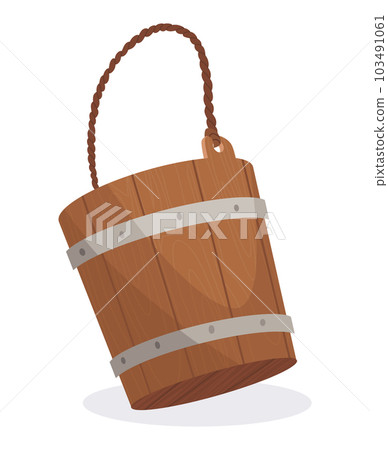 Wooden bucket with handle and without water. Container or empty pail for spa, sauna. Vector illustration isolated on white background Wooden bucket with handle and without water. Container or empty pail for spa, sauna. Vector illustration isolated on white background 103491061