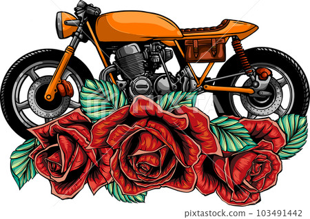 vector illustration classic cafe racer motorcycle and roses vector illustration classic cafe racer motorcycle and roses 103491442
