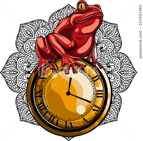 vector illustration of frog sitting on clock 103491465