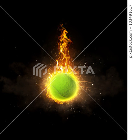 Tennis Ball, on fire on black background Tennis Ball, on fire on black background 103491617