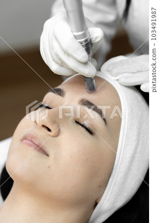 The beautician in the clinic performs fractional facial mesotherapy, introducing useful beauty substances that help improve skin tone and reduce signs of aging. Woman in beauty salon The beautician in the clinic performs fractional facial mesotherapy, introducing useful beauty substances that help improve skin tone and reduce signs of aging. Woman in beauty salon 103491987