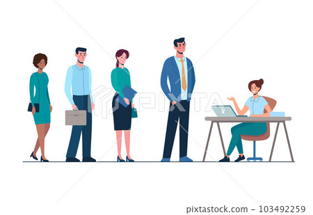The recruiting department is working. Competition of people for work, queue for an interview in HR Department. Men and women want to get a job. Vector illustration, flat isolated 103492259