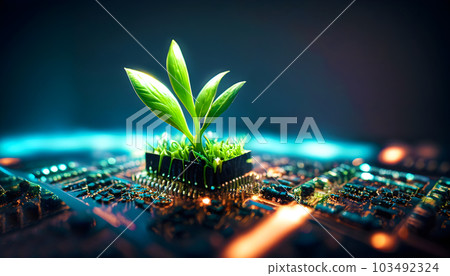 Tree growing on CPU chip with circuit mainboard. Eco technology, Green IT, Nature Technology, and Ecology Concept. Generative Ai. 103492324