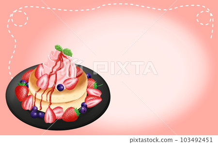 插圖素材煎餅，有很多草莓，黑盤，粉框背景，不同顏色，差異 103492451