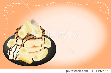 插圖素材巧克力香蕉煎餅黑色盤子橙色框架背景色差/差異 103492453