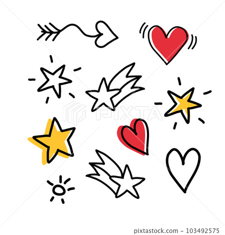 Vector set of stars and hearts. Hand drawn, doodle elements isolated on white background Vector set of stars and hearts. Hand drawn, doodle elements isolated on white background 103492575