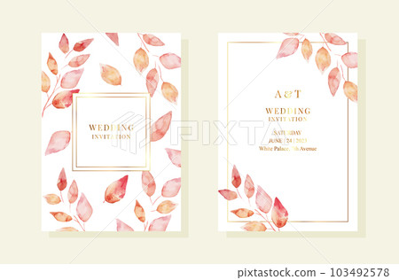 Wedding pemplates with red watercolor leaves. Gold frames 103492578