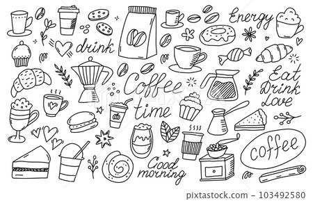 Doodle coffee shop icons. Outline hand drawn 103492580
