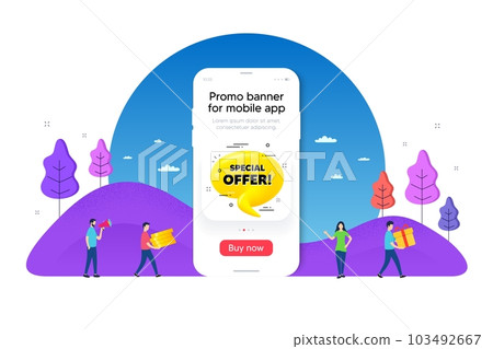 Special offer 3d bubble banner. Phone ui interface banner. Realistic yellow chat message. Offer tag icon. Mobile smartphone promo banner. Special offer tag. Man with gift box. Vector Special offer 3d bubble banner. Phone ui interface banner. Realistic yellow chat message. Offer tag icon. Mobile smartphone promo banner. Special offer tag. Man with gift box. Vector 103492667