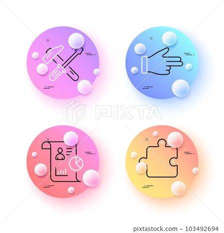 Report, Click hand and Puzzle minimal line icons. 3d spheres or balls buttons. Hammer tool icons. For web, application, printing. Work statistics, Direction finger, Puzzle piece. Vector 103492694