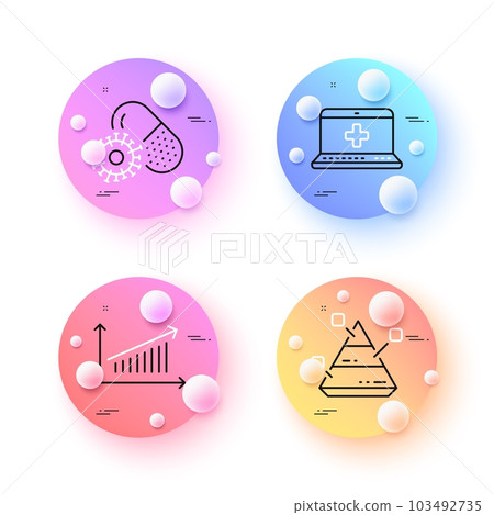 Pyramid chart, Chart and Coronavirus pills minimal line icons. 3d spheres or balls buttons. Medical help icons. For web, application, printing. Report analysis, Vaccine, Medicine laptop. Vector 103492735