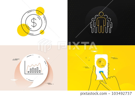 Minimal set of Freezing click, Infographic graph and Group line icons. Phone screen, Quote banners. Dollar money icons. For web development. Air conditioner, Line diagram, Managers. Currency. Vector 103492737