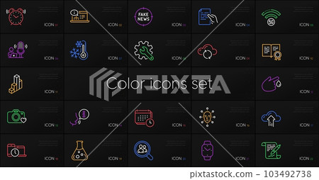 Set of Smartwatch, 5g wifi and Fake news line icons. Include Chemistry lab, Certificate, Cloud sync icons. Blood donation, Freezing, Search employees web elements. 3d chart. Vector 103492738