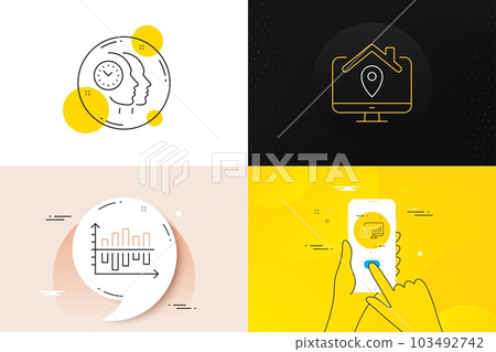 Minimal set of Time management, Diagram chart and Work home line icons. Phone screen, Quote banners. Bitcoin chart icons. For web development. Vector Minimal set of Time management, Diagram chart and Work home line icons. Phone screen, Quote banners. Bitcoin chart icons. For web development. Vector 103492742