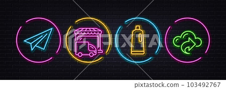 Delivery truck, Paper plane and Shampoo minimal line icons. Neon laser 3d lights. Cloud share icons. For web, application, printing. Store transport, Airplane, Bath cleanser. Data sharing. Vector Delivery truck, Paper plane and Shampoo minimal line icons. Neon laser 3d lights. Cloud share icons. For web, application, printing. Store transport, Airplane, Bath cleanser. Data sharing. Vector 103492767