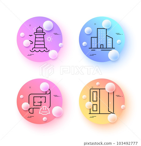 Lighthouse, Engineering plan and Open door minimal line icons. 3d spheres or balls buttons. Buildings icons. For web, application, printing. Beacon tower, Technical document, Entrance. Vector 103492777