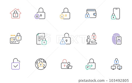 Locks line icons. Fingerprint protection, Unlock code and Credit card password icons. Open padlock, Locked document and Network lock. Online wallet, Fingerprint access and info protection. Vector Locks line icons. Fingerprint protection, Unlock code and Credit card password icons. Open padlock, Locked document and Network lock. Online wallet, Fingerprint access and info protection. Vector 103492805