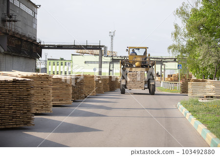 Wood processing industry. Loader with logs. Industrial wood processing Wood processing industry. Loader with logs. Industrial wood processing 103492880