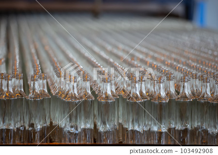 Glassworks. Glass industry. Many glass bottles on a factory conveyor. 103492908