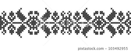 Ukrainian vector ornament, seamless border. Ukrainian folk, ethnic geometric embroidery. Ornament in black color. Pixel art, vyshyvanka, cross stitch 103492955