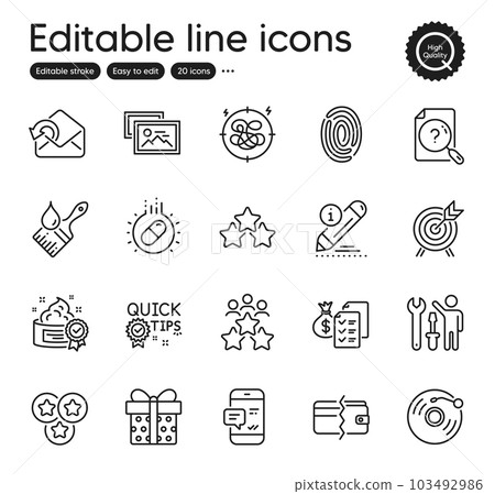 Set of Business outline icons. Contains icons as Accounting wealth, Payment methods and Vinyl record elements. Stars, Archery, Edit web signs. Cream, Search document, Business meeting elements. Vector Set of Business outline icons. Contains icons as Accounting wealth, Payment methods and Vinyl record elements. Stars, Archery, Edit web signs. Cream, Search document, Business meeting elements. Vector 103492986