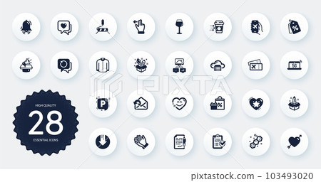 Set of Business icons, such as Chemical formula, Recovery data and Startup flat icons. Work home, Megaphone, Parking web elements. Clapping hands, Clock bell, Agreement document signs. Vector 103493020