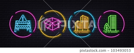 Opened box, Warning road and Skyscraper buildings minimal line icons. Neon laser 3d lights. Buildings icons. For web, application, printing. Vector 103493053