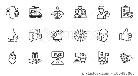 Outline set of Fake review, Edit person and Artificial intelligence line icons for web application. Talk, information, delivery truck outline icon. Vector 103493065