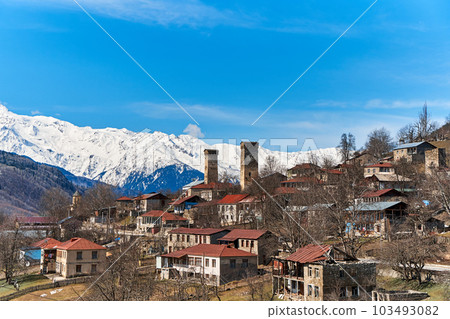Landscape view of the town of Mestia in the Sakartvelo Mountains. The famous towers of Svania. 103493082