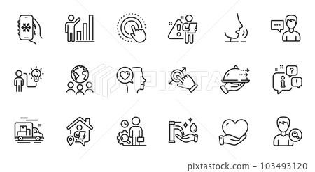 Outline set of Business idea, Search employee and Volunteer line icons for web application. Talk, information, delivery truck outline icon. Vector 103493120