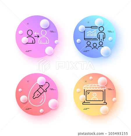 Communication, Market seller and Presentation minimal line icons. 3d spheres or balls buttons. Eye drops icons. For web, application, printing. Users talking, Store buyer, Business conference. Vector Communication, Market seller and Presentation minimal line icons. 3d spheres or balls buttons. Eye drops icons. For web, application, printing. Users talking, Store buyer, Business conference. Vector 103493155