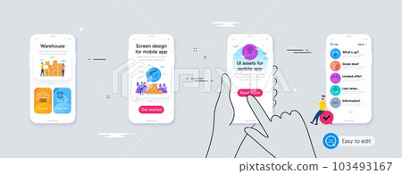 Outline set of Delivery notification, Calculator alarm and Pin line icons for web application. Phone ui interface. Include Swipe up, Chemistry lab, Parcel icons. Vector Outline set of Delivery notification, Calculator alarm and Pin line icons for web application. Phone ui interface. Include Swipe up, Chemistry lab, Parcel icons. Vector 103493167