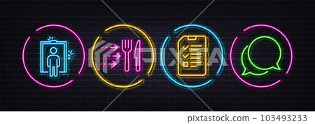 Food delivery, Interview and Elevator minimal line icons. Neon laser 3d lights. Chat message icons. For web, application, printing. Fork and knife, Checklist file, Lift. Speech bubble. Vector 103493233