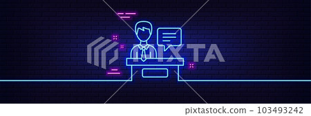 Neon light glow effect. Exhibitors line icon. Information desk sign. 3d line neon glow icon. Brick wall banner. Exhibitors outline. Vector 103493242