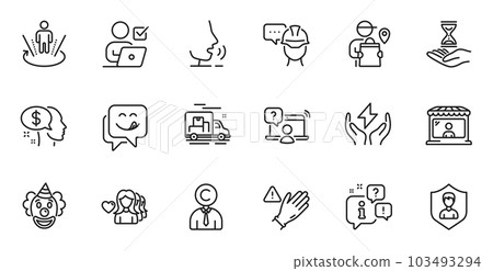 Outline set of Safe energy, Security agency and Market seller line icons for web application. Talk, information, delivery truck outline icon. Include Copyrighter, Pay, Yummy smile icons. Vector 103493294