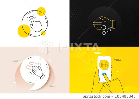 Minimal set of Donation money, Touchpoint and Social distancing line icons. Phone screen, Quote banners. Clapping hands icons. For web development. Tax money, Touch technology, Quarantine. Vector 103493343