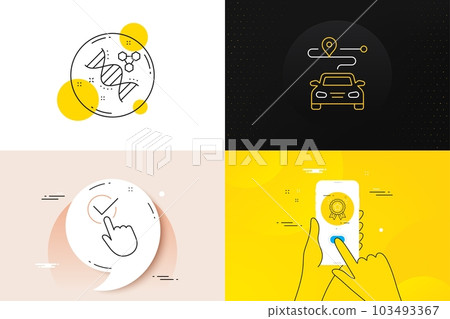 Minimal set of Chemistry dna, Loyalty award and Checkbox line icons. Phone screen, Quote banners. Journey icons. For web development. Chemical formula, Bonus medal, Approved. Trip distance. Vector 103493367