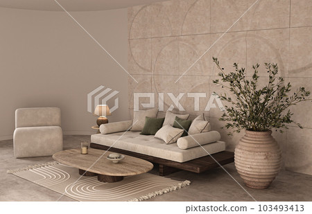 Modern bohemian interior composition with large scandinavian sofa with pillows, warm light lamp and decorative molding panels. 3d rendering. High quality 3d illustration 103493413