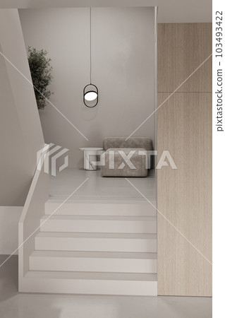 Beige livingroom interior with stairs, ceiling lamp and concrete floor. Mock up canvas poster. Panoramic background. 3d rendering. High quality 3d illustration Beige livingroom interior with stairs, ceiling lamp and concrete floor. Mock up canvas poster. Panoramic background. 3d rendering. High quality 3d illustration 103493422