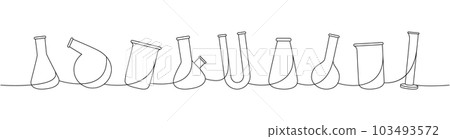 Lab glassware one line continuous drawing. Conical flask, glass beaker, glassware, round bottom flask continuous one line illustration. 103493572