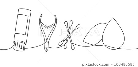 Beauty tools one line continuous drawing. Cosmetic cream, nail tongs, cotton ear swab, makeup sponge continuous one line illustration. Beauty tools one line continuous drawing. Cosmetic cream, nail tongs, cotton ear swab, makeup sponge continuous one line illustration. 103493595
