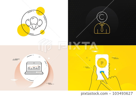 Minimal set of Copyrighter, Web analytics and Ice creams line icons. Phone screen, Quote banners. Parking icons. For web development. Writer person, Statistics, Vanilla waffle. Auto park. Vector 103493627