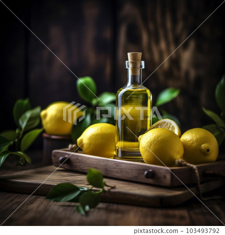 Generative ai. Lemon essential oil and lemon fruit on wooden background 103493792