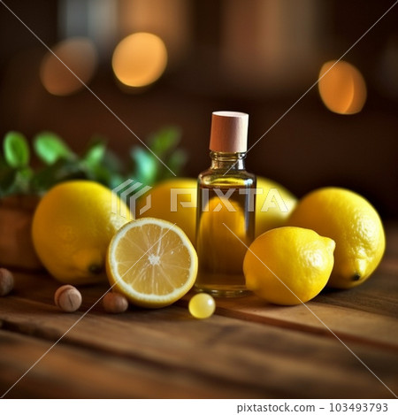 Generative ai. Lemon essential oil and lemon fruit on wooden background 103493793